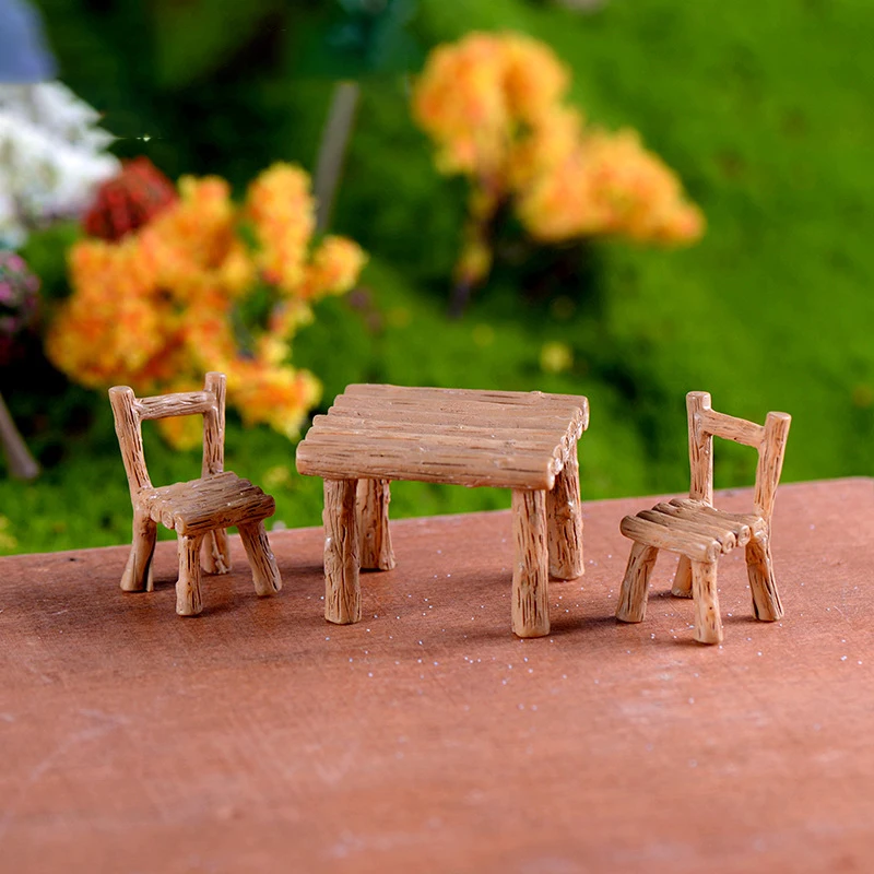 

3Pcs/Set Cute Table Chair Miniature Park Seat Mini Long Wood Bench Resin Craft Ornament Micro Landscape Figurine Decoration