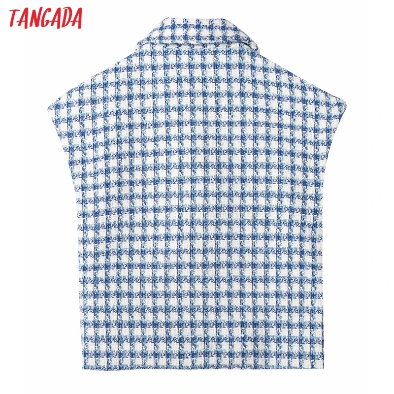 

Tangada 2021 Women Elegant Blue Tweed Sleeveless Jacket Coat Turn Down Collar Ladies Coat 6H24