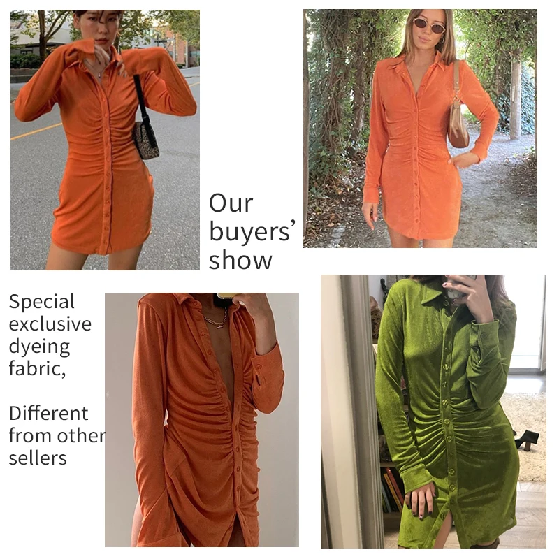 

Pleated Turn-Down Collar Button Blouse Dress Women Sexy Long Sleeve Mini Dresses Solid Streetwear Female Shirt long sleeve dress