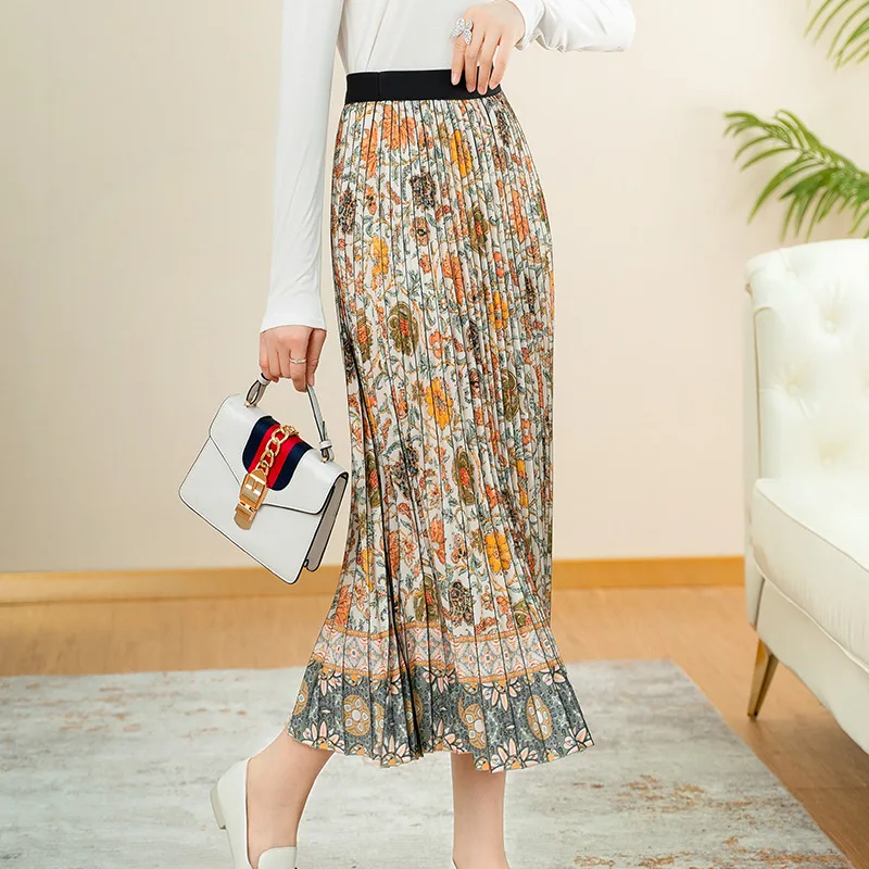 

2021 Spring New Style Fashion Sweet Nice Quality High Waist A Line Mid-length Striped Pleated Skirt for Woman