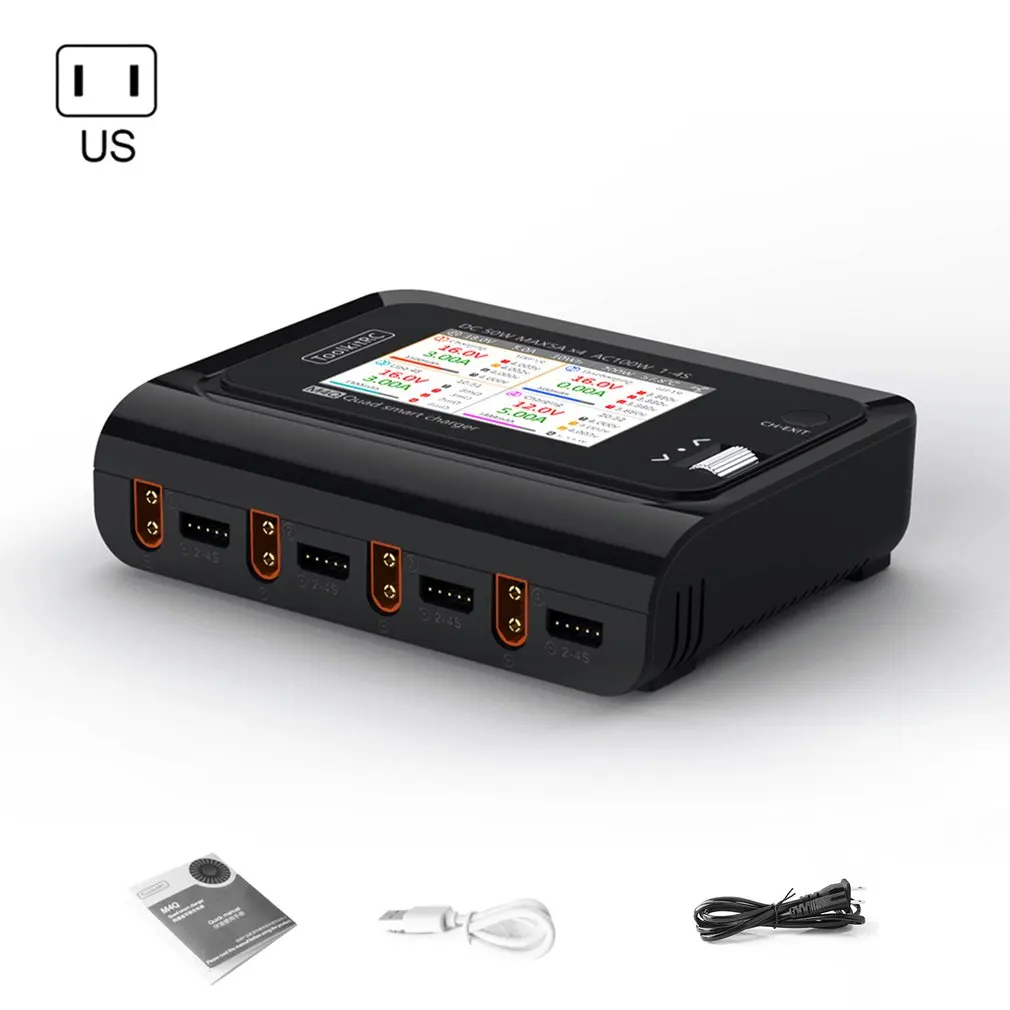 

New ToolkitRC M4Q DC 50w 5A 1-4S AC 100W 4 Ports XT60 XT30 DC Smart Charger IPS Bright Clear Wide Angle Display US Version