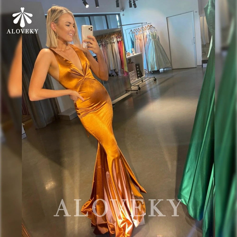 

Dark Gold Satin Long Dress Deep V-neck Evening Dress Woman Mermaid Night Dresses Special Occasion Dresses Gowns Party Women's