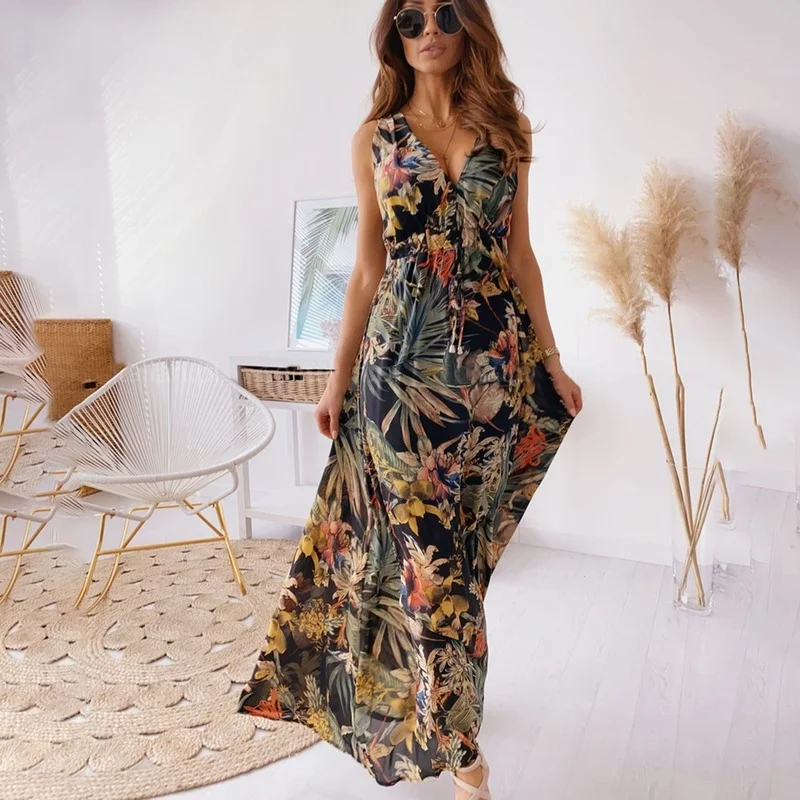 

Summer Casual Retro Sleeveless Backless Long Dress Sexy Deep V-neck Printed Boho Long Dresses Free Shipping