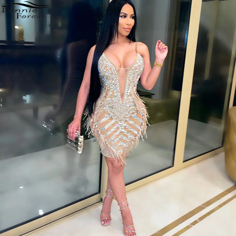 

Bonnie Forest Beautiful Crystal Feather Patchwork Short Party Dress Women Glam Sequin Bodycon Celebrities Dress Birthday Outfits
