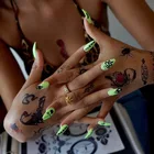 Длинные ногти с рисунком змеи, 24 шт.компл., накладные ногти-стилеты ногтей с рисунком пламени, зеленые накладные ногти, искусственные матовые полные ногти с клеем