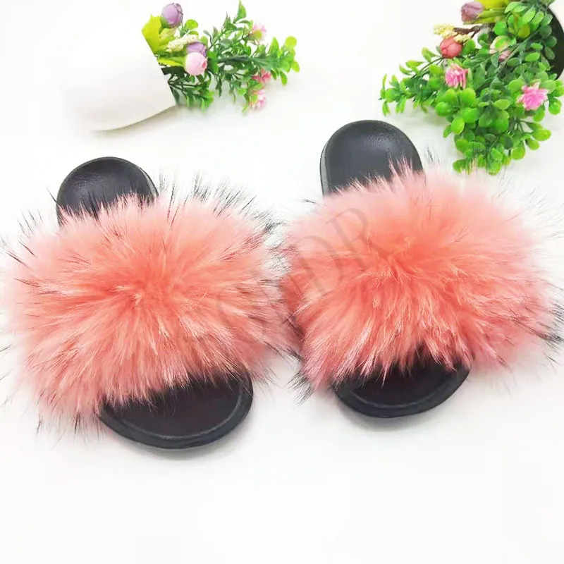 Роскошные летние мех енота тапочки для женщин из натурального Лисьего меха на