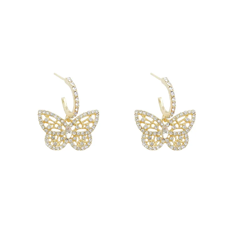 

2021 New S925 Silver Needle Full Hollow Out Diamond Butterfly For Women Trendy Earrings Metal Unusual Hanging Earrings