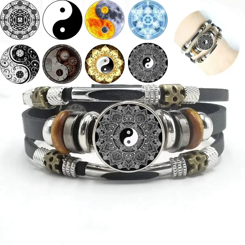 

Yin Yang Tai Chi Glass Cabochon Bracelet Charm Black Leather Snap Bracelet for Men and Women Sports and Leisure Running Bracelet