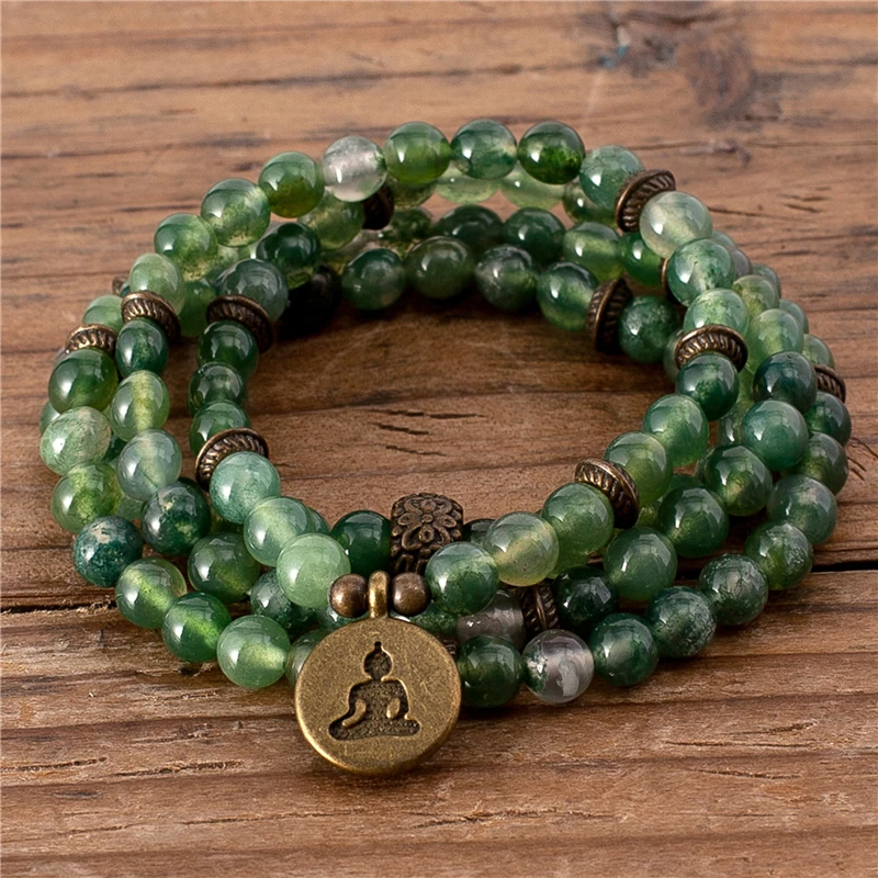 

Handmade Yoga 108 Mala 6mm Green Grass Agate Bronze Buddha Charm Beads Bracelet Boho Prayer Meditation Jewelry Dropshipping