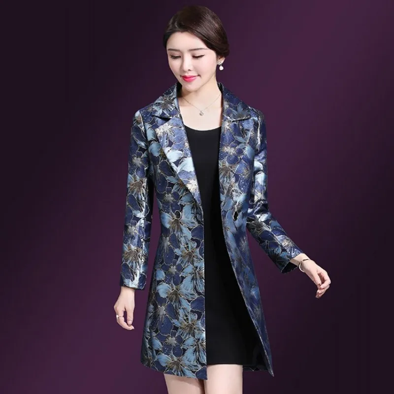 Женское длинное пальто с цветочным принтом облегающий двубортный винтажный