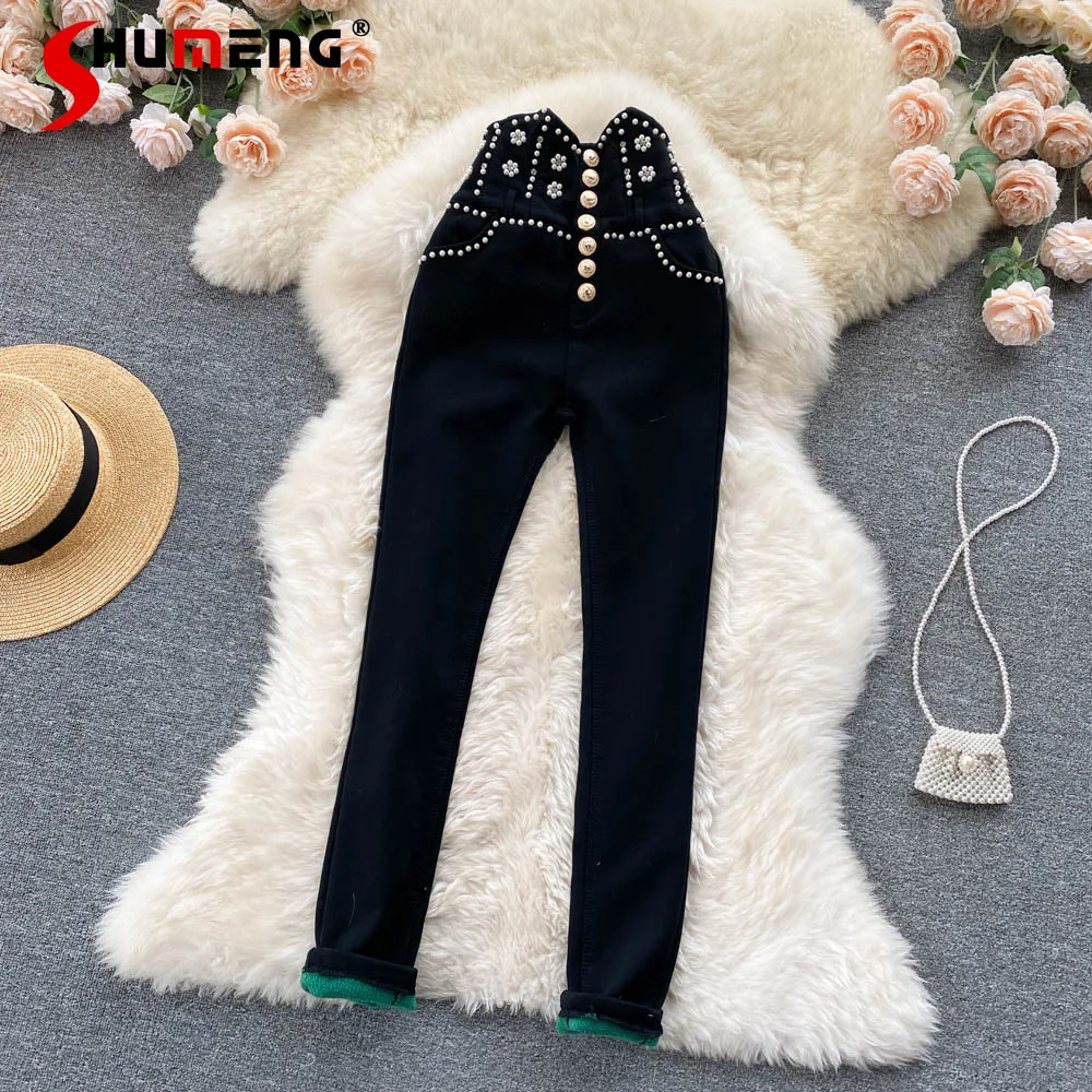 

Socialite Style Heavy Industry Beads High Waist Breasted Slimming Skinny Pants Women's Winter Fleece-Lined Warm Cropped Pants