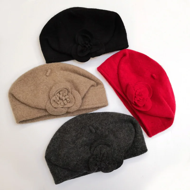 Женский фетровый берет из 100% шерсти зимний с цветочным принтом французский