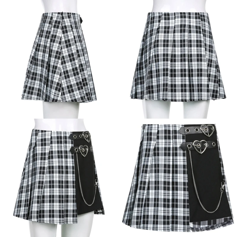 

New Women Goth Punk Plaid Pleated Mini A-Line Skirt with Heart Buckle Belt Chain Irregular Stitching High Waist Streetwear