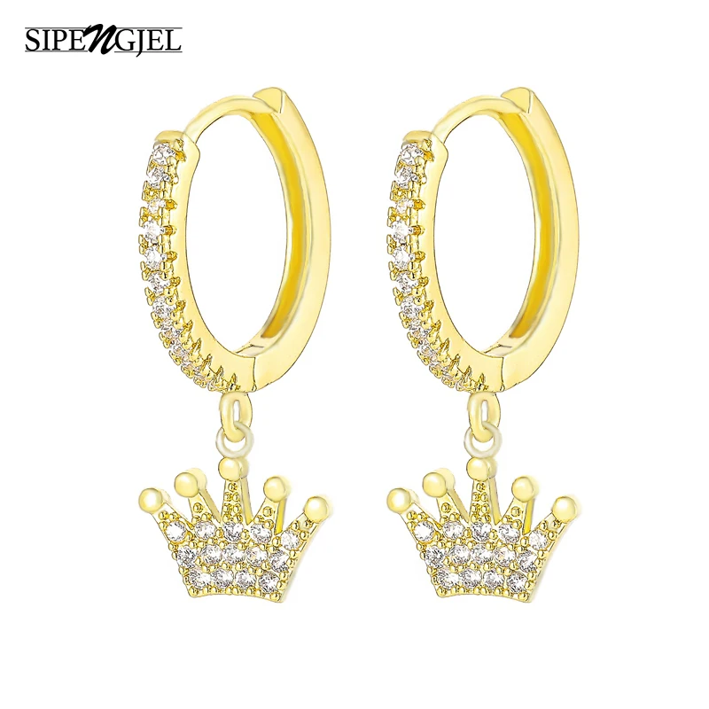 

SIPENGJEL Fashion Dainty Crown Circle Hoop Earrings Brilliant Crystal Dangle Drop earrings For Women Statement Jewelry