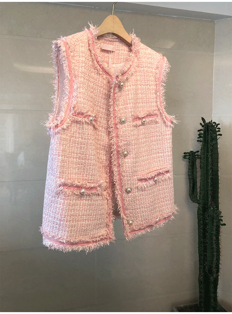 Женская твидовая куртка без рукавов подиумная однобортная с круглым вырезом и