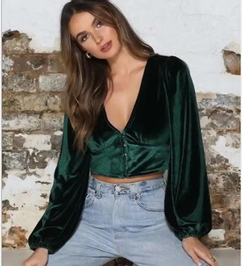 

2021 Sexy Deep V-neck Shirt Blouse Women Elegant Lantern Long Sleeve Blouse Spring and Autumn Retro Sweet Lace Blouse Cardigan