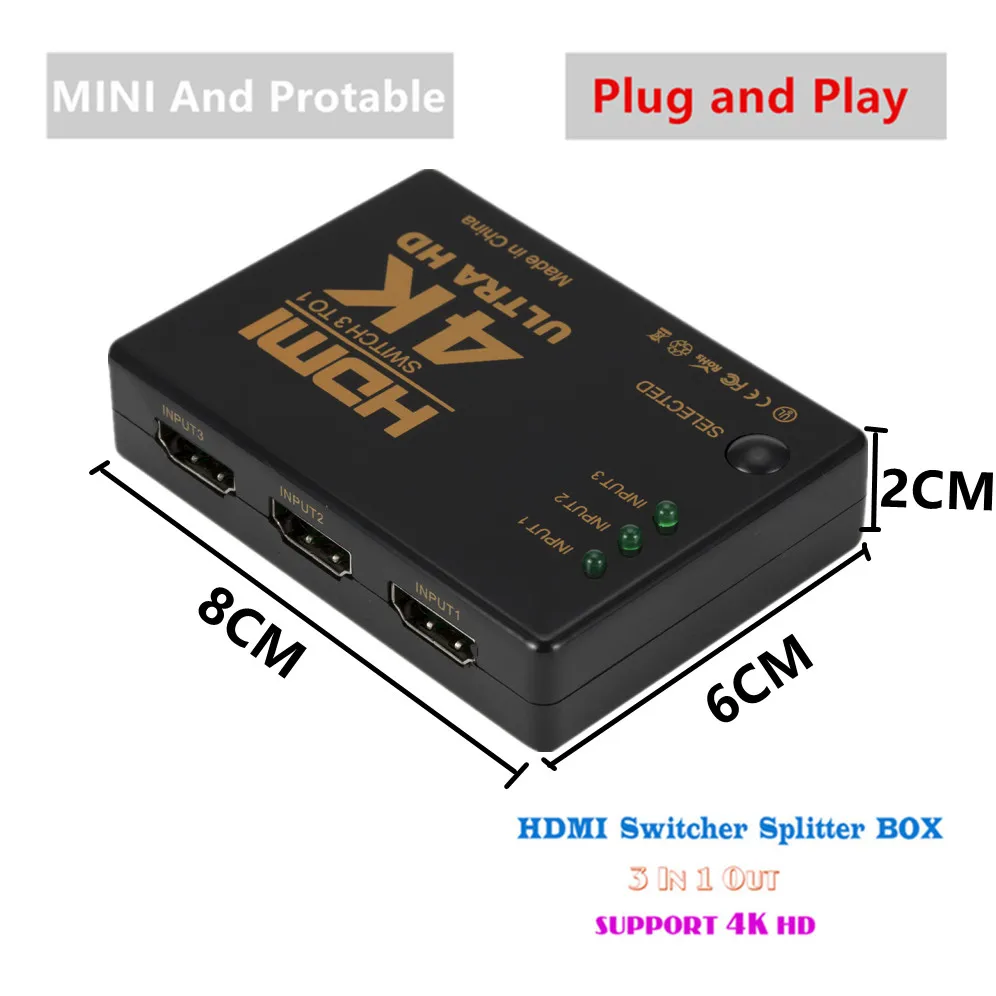 Grwibeou 4K 2K 3x1 HDMI Cable Splitter HD 1080P Video Switcher Adapter 3 Input 1 Output Port Hub for Xbox PS4 DVD HDTV PC | Электроника