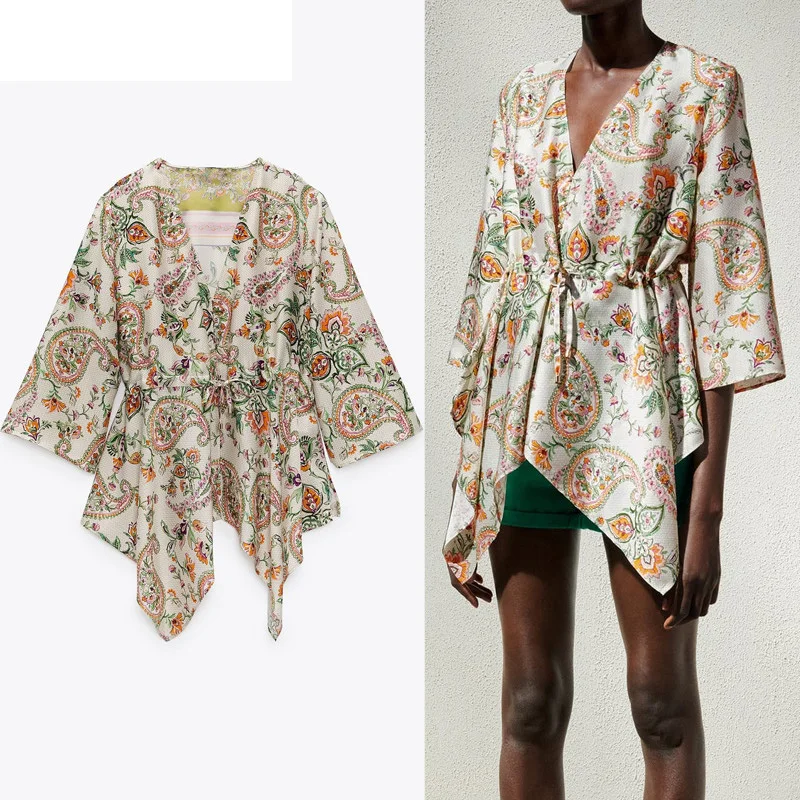

Za Women Blouses Asymmtric Print Elegant Woman Top Fashion Belt V Neck Button Vintage Top Female Thin Summer Blouse