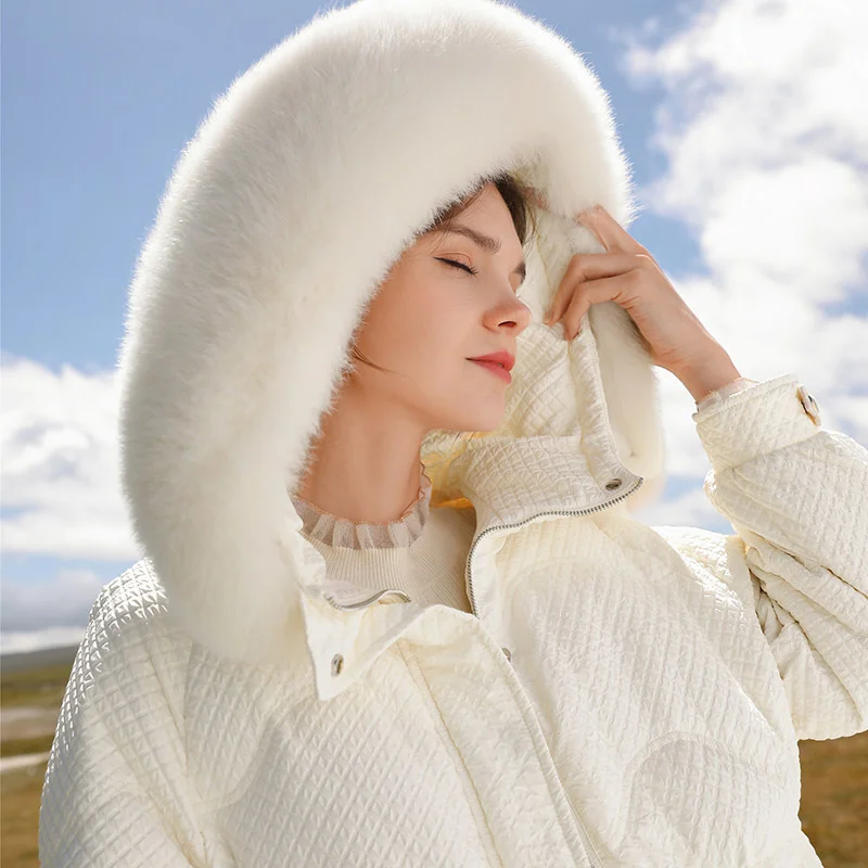 

SHZQ Down Jacket Women's Middle and Long Winter 2021 New Beige White Duck Down Waist Closing Fox Large Fur Collar Coat