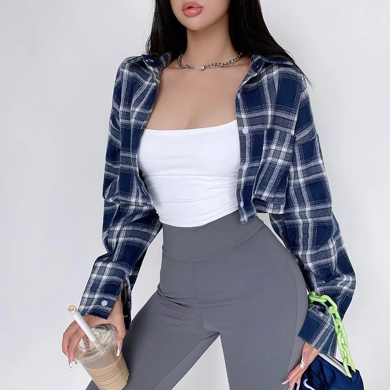 

Loose Plaid Button Up Designer Collared Long Sleeve Shirt Women Short Plaid Blouse Korean Casual Autumn Tops Kawaii Clothes SH5