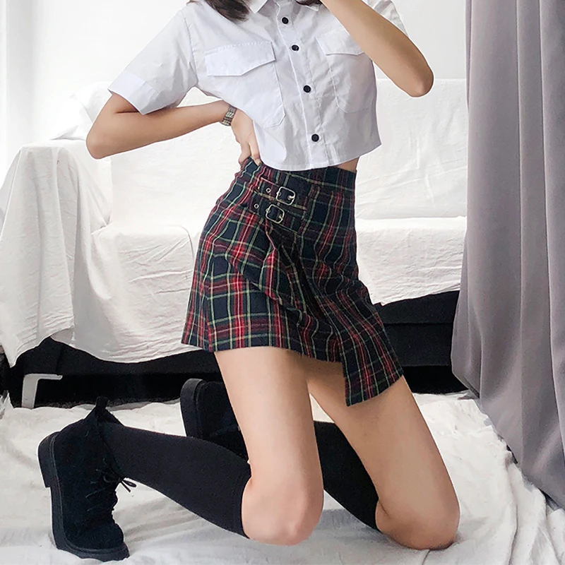 Мини юбка в клетку Harajuku Повседневная Женская с высокой талией Винтаж корейский