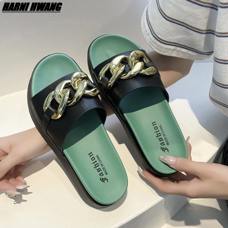

Women'S Slippers 2021 Summer Fashion Metal Chain Low Heel Fashion Casual Comfortable Sandals Size 35-40 Wholesale