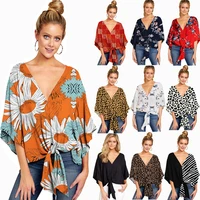 2021 summer elegant office blouse women clothes v neck 34 sleeve knotted floral print streetwear shirts womens plus size tops