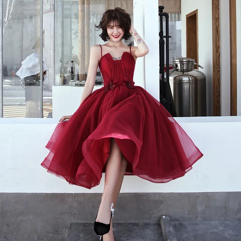 Новинка 2019 Красные кружевные тюлевые Короткие вечерние платья на бретелях