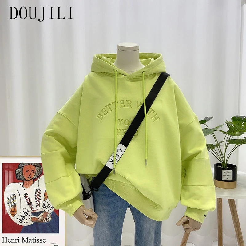 

Демисезонные толстовки DOUJILI, однотонные свитшоты с длинным рукавом и буквенным принтом, модные женские повседневные свитшоты с капюшоном