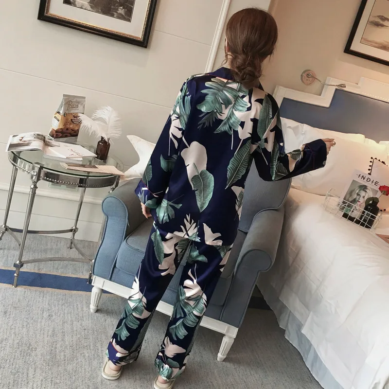 

2 Pieces Faux Silk Satin Pajamas Set Fall Women Sleepwear Long Sleeve Trousers Nightgown for Female Ladies Pyjamas Home Clothes