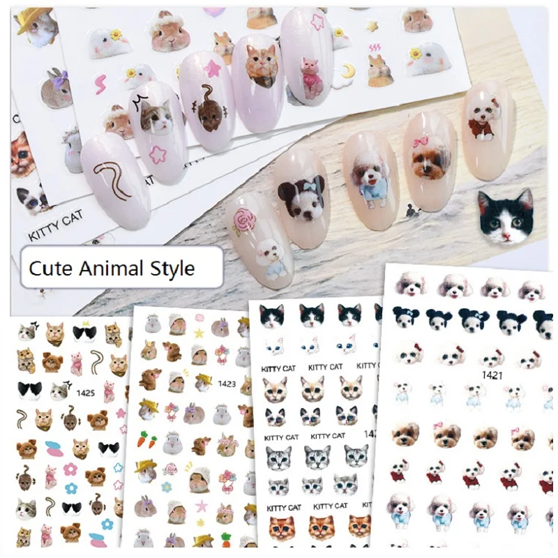 1PC Self Adhesive Animal Nail Art Sticker Cute Dog Cat Nail Decals DIY Butterfly Fingernail Decoration Sticker For Nail Manicure
