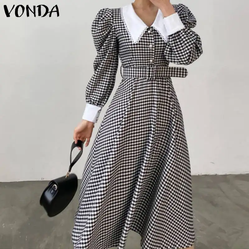 

VONDA Casual Lady Button Long Sleeve Vestido Women Party Dress With Belt Robe Femme Doll Collar Checked Plaid Long Maxi Sundress