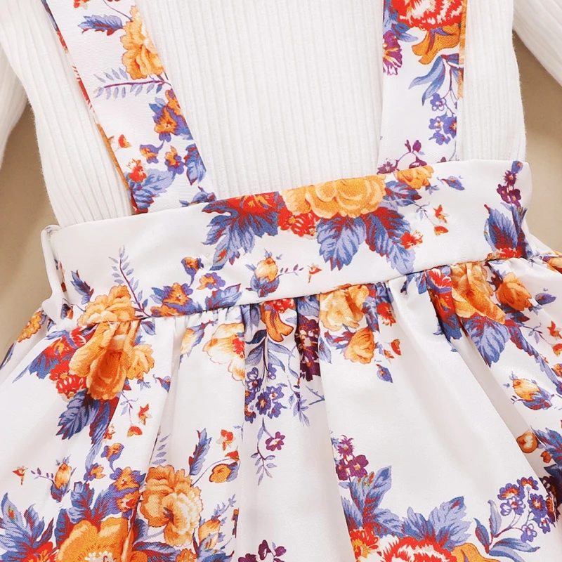 

Baby Girl Clothes Set Newborn Infant Solid Ruffle Pullover Top+Flower Print Suspender Skirt 2pcs Toddler Kids Outfit