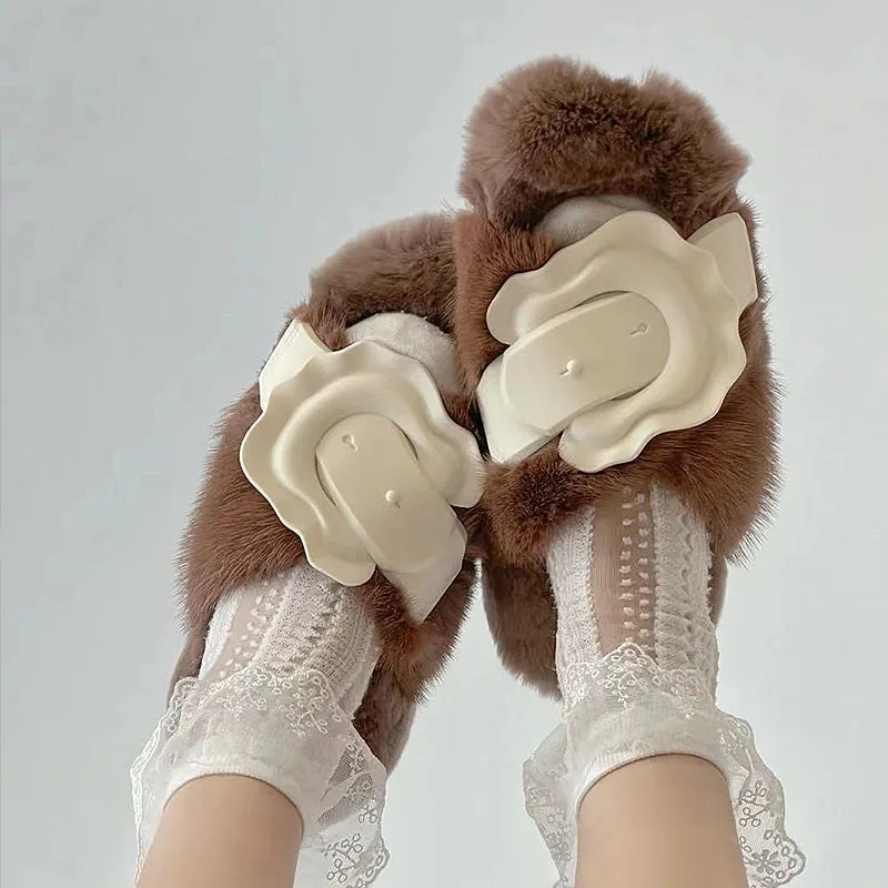 

Fashion Women's Fur Slippers Autumn Winter Warm Flat Shoes Non-slip With Buckle Decor White Brown M31