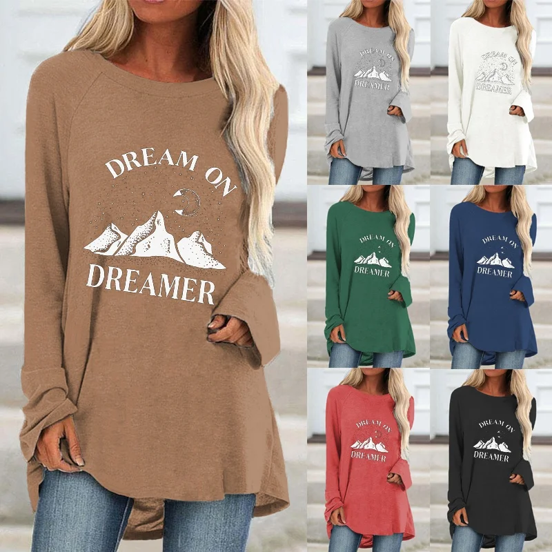 

Женская свободная футболка с круглым вырезом, длинным рукавом и принтом