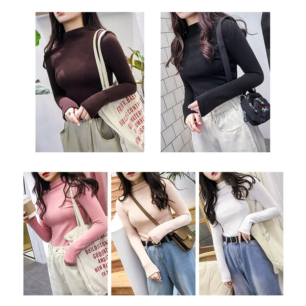 Осенне-зимние женские топы с высоким воротником и длинным рукавом однотонные