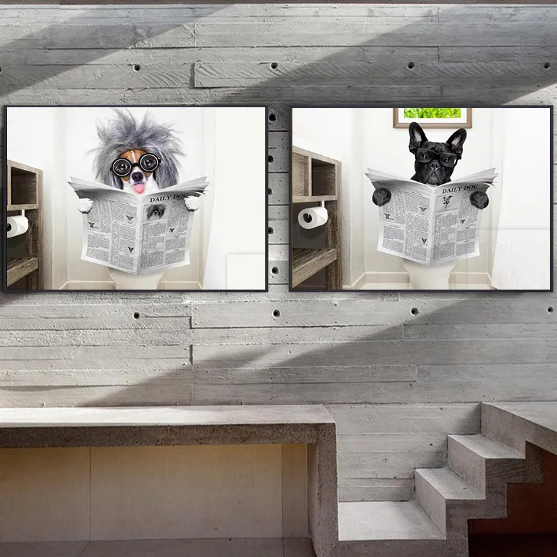 

Animal Poster Dog Reading Newspaper Canvas Painting Wall Art Funny Dog Toilet Art Poster Decoration Wall Pictures For Bathroom