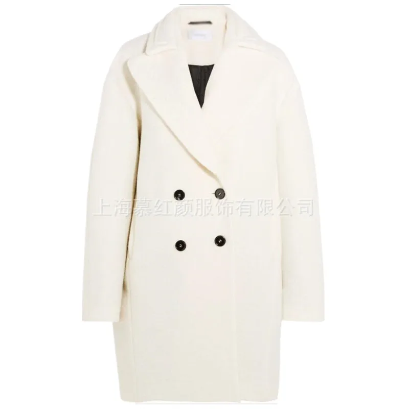 

white double breasted woolen coat women notched lapel loose long thick warm wool blends coat