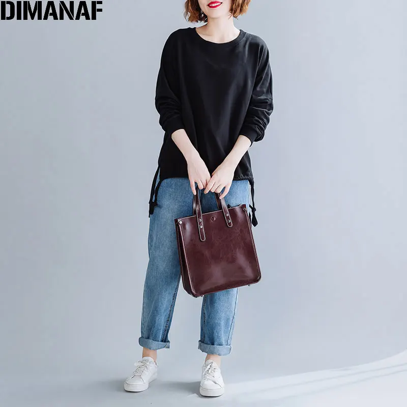 DIMANAF Autumn Winter Plus Size Women T-Shirt Basic Tunic Tops Shirts Cotton Long Sleeve Loose Casual Female Clothes Solid Black