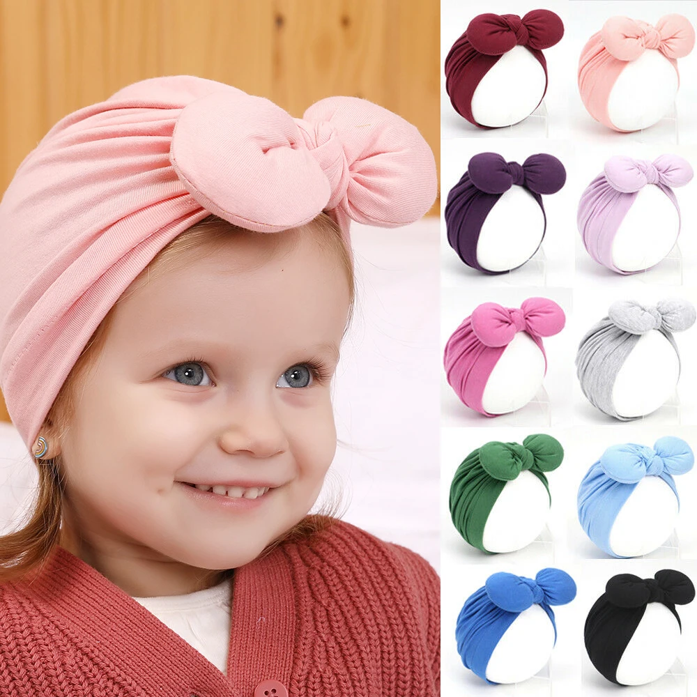 Newborn Toddler Baby Girls Turban Soft Silk Beanie Big Bow Hat Cap Wrap Headwear Headband Hats Accessories Candy Color Cute