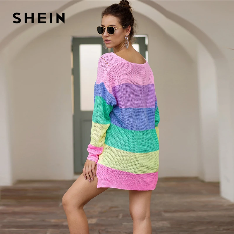 SHEIN Радуга Полосатый Падение плеча Длинный свитер женские топы осень уличная одежда с длинным рукавом V шеи негабаритных Сплит свитера