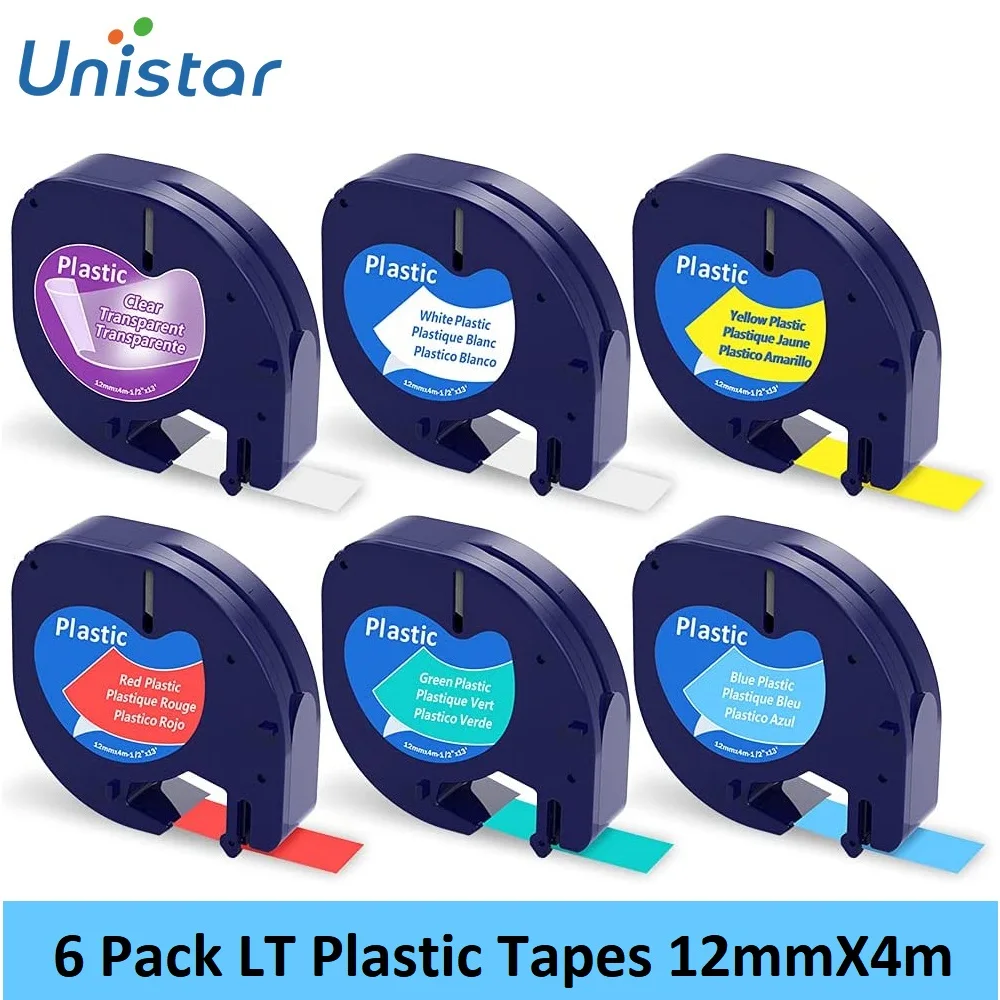 Unistar 6 Pack Compatible for DYMO Letratag Label printer Mixed Color 91200 91201 91202 91203 91204 91205 LT plastic label tape
