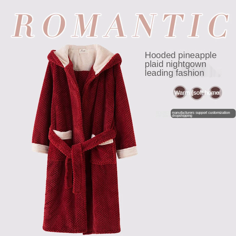 

2020 New Pajamas Female Autumn and Winter Facecloth Robe Christmas Wind Cute Antlers Hooded Thickened Bathrobe Female sleepwear