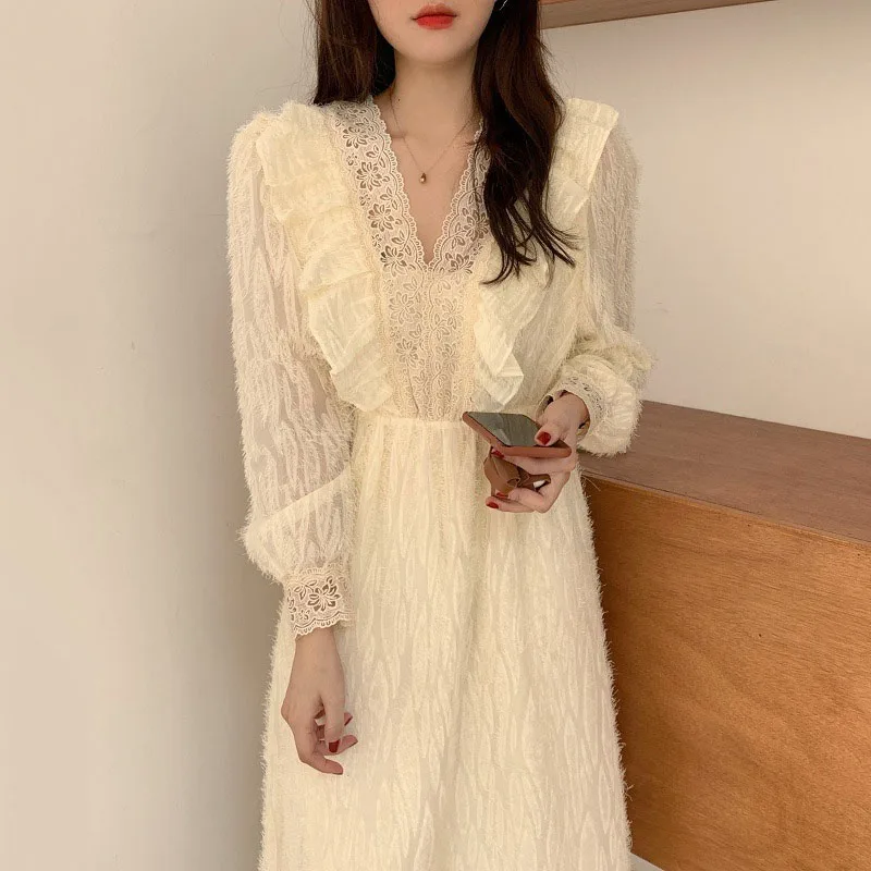 

Vintage Korean Style White Lace Embroidery Dresses Party A-Line Loose Winter Long Sleeve Spring 2021 Fairy Elegant Dress Women
