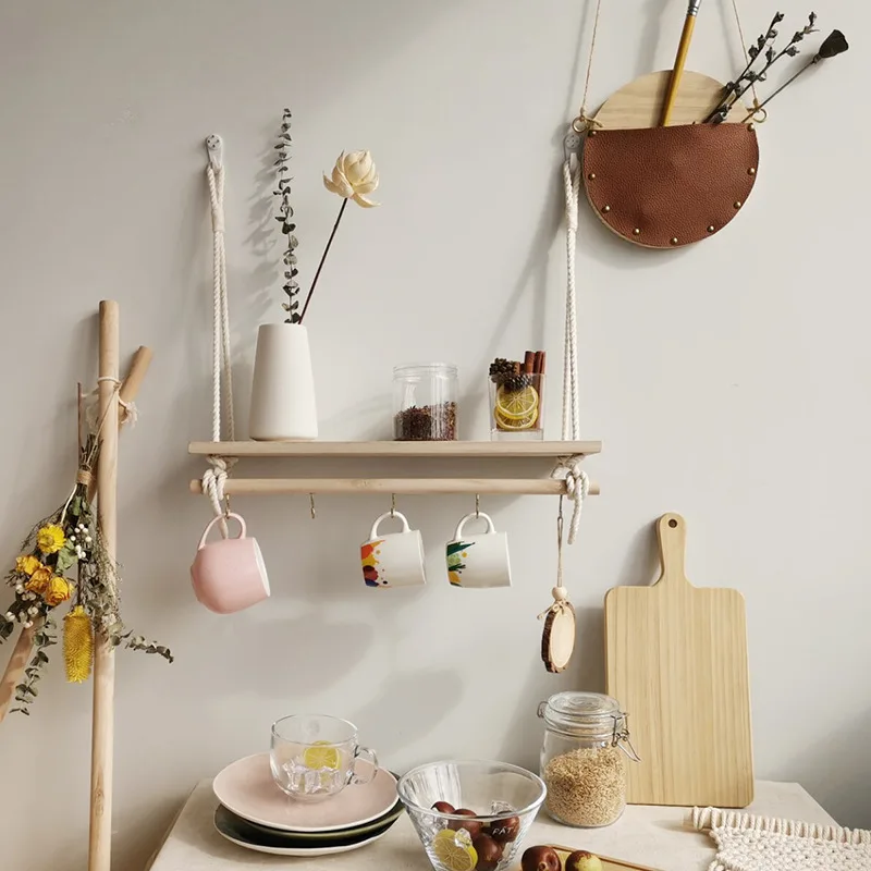 

Premium Wood Macrame Wall Shelves Hook Up Swing Hanging Rack Mounted Floating Shlef Plant Flower Pot Indoor Outdoor Decoration