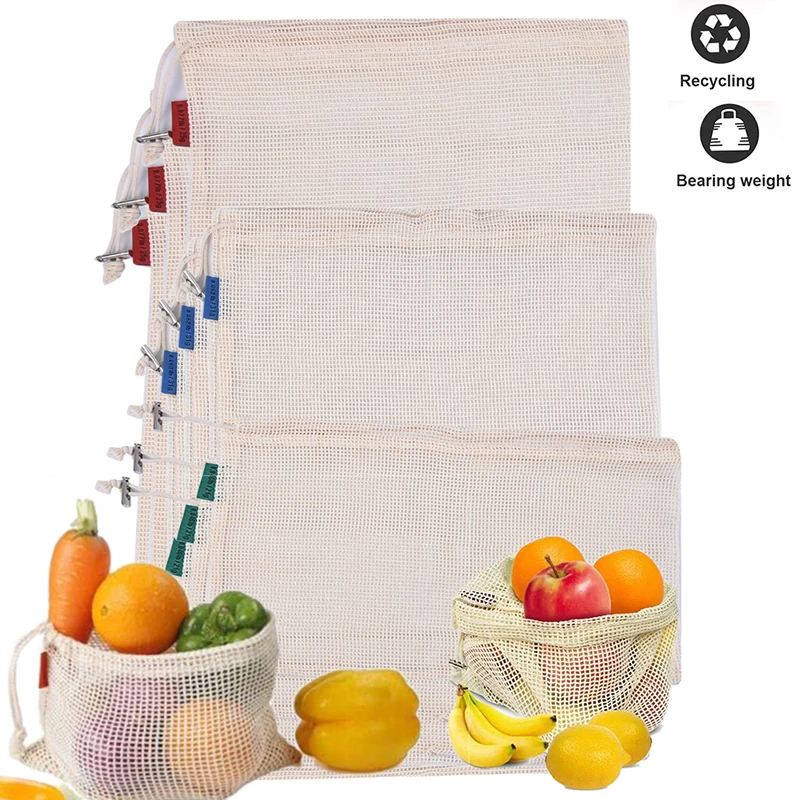 

100% Organic Cotton Mesh Bag Reusable Produce Bags Vegetable Fruit Kitchen Storage Bag Eco-friendly Shopping Bag with Drawstring