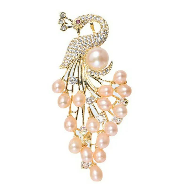 

New luxury 14K gold plated zircon natural freshwater pearl peacock exquisite brooches lady costume jewelry accessory