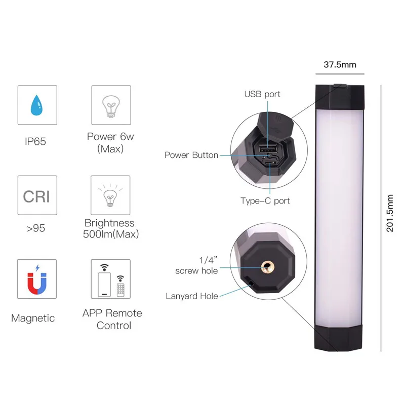 

LUXCEO P200 RGB Video Light Handheld LED Waterproof Tube With APP Control Soft Lamp For Studio Photography Product Lighting