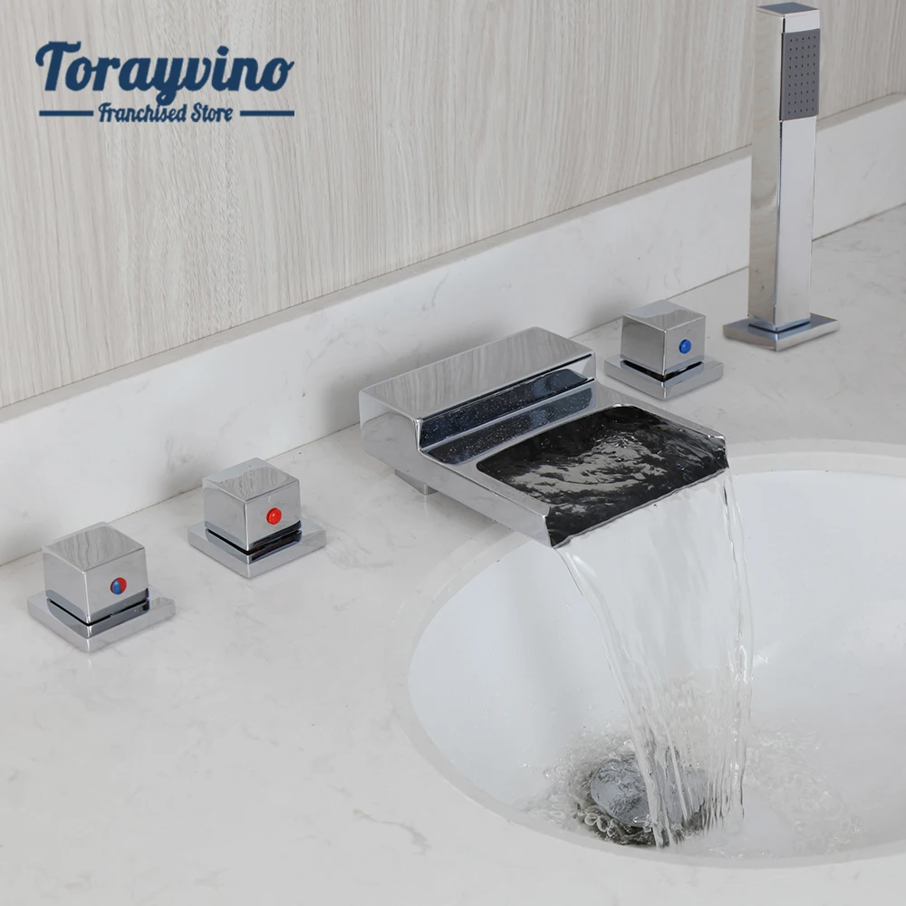 

Torayvino Chrome Finished Brass Bathroom Bathtub Faucet Mixer Hand Spray Waterfall Faucets 5-PCS Set Deck Mounted 2 Outlet Tap