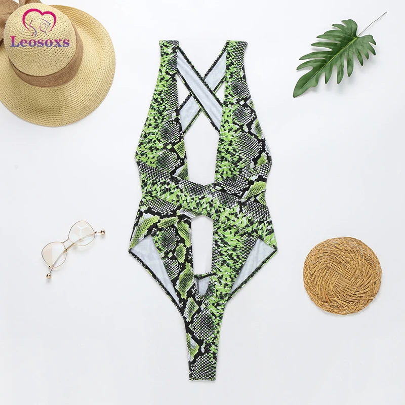 Женский купальник неоновый зеленый змеиный принт крест бандаж монокини